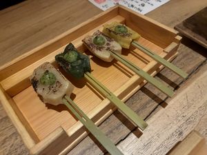 Wheat gluten skewer with miso at Tofu Sorano Minami Senba in Osaka