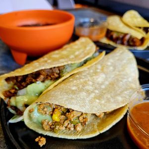 Vegan Tacos: Tofu, "Chorizo," Mushroom & Jackfruit. Served with Refried Beans (sans queso fresco) at Cornelia Fine Tacos in North Vancouver