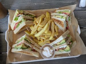 Vegan club sandwich with fries at CoolBeans Coffee in Zakynthos
