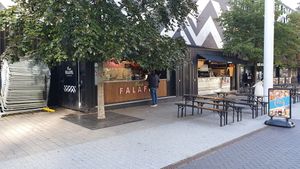 Outside Boxpark Wembley at Viva Falafel Boxpark Wembley in North West London
