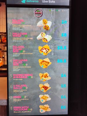 Leaf symbol used for vegan options at Viva Falafel Boxpark Wembley in North West London