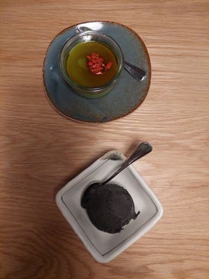 Matcha pudding 8 CHF, black sesame icecream 5.5 CHF at HIKARI in Zurich