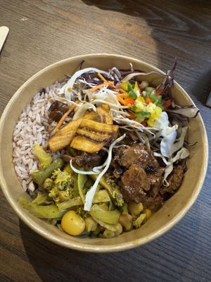 Jerk chick’n and bean stew with rice n peas, salad and slaw  at Brownins Food in Smethwick