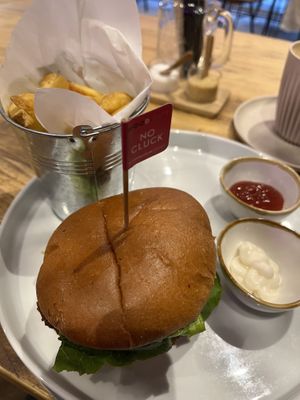 Burger and fries  at Mood Cafe in London