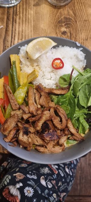 Curry with seitan at Mood Cafe in London