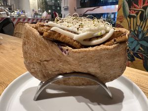 Tofu Sarnie pita sandwich.  at Mood Cafe in London