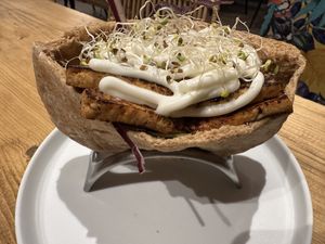 Tofu Sarnie pita sandwich.  at Mood Cafe in London