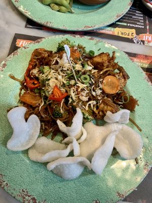 Blackened monks noodles with vegan prawn crackers   at Banana Tree in Birmingham