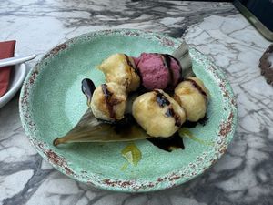 Banana fritter with sorbet   at Banana Tree in Birmingham