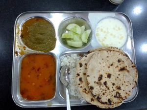 The sattvik thali, which varies every day (here with dal and saag aloo) at Hridayam at Parmarth in Rishikesh