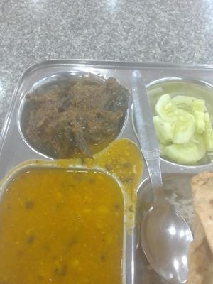 Chana dal and a kind of eggplant at Hridayam at Parmarth in Rishikesh