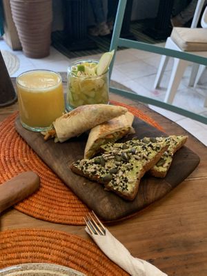 vegan brunch 70dh (but order it without honey! they dont know honey is not vegan i guess)  at Retro Corner in Essaouira