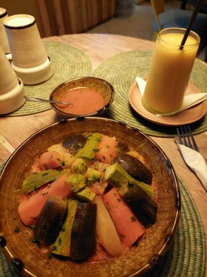 Vegetarian Couscous (70 dhs) & Mango juice (30 dhs) at Retro Corner in Essaouira