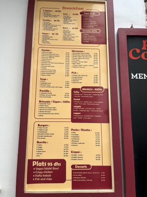 Menu with vegan options  at Retro Corner in Essaouira