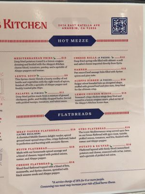 Menu  at Aleppo's Kitchen in Anaheim
