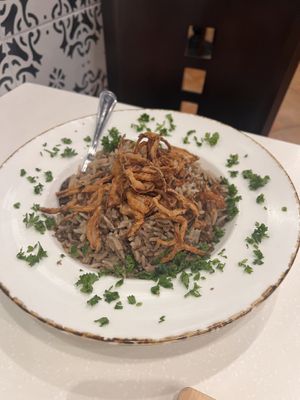 Classic Majadra - lentils and rice with fried onion. Ask no yogurt sauce    at Aleppo's Kitchen in Anaheim