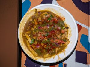 Chana masla on fries (taken at night in a park, excuse the bad lighting) at Potikki's in Halifax