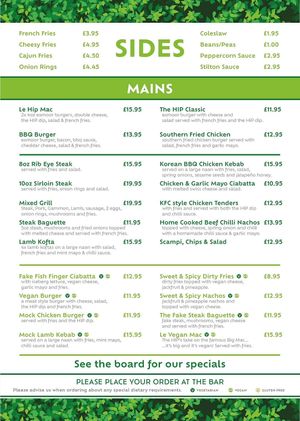 Menu at Hip and Pistol in Ilfracombe