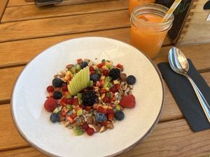 Chia pudding with toppings and cold pressed juice with orange, carrot and ginger.  at Hvar Brewing Co in Hvar