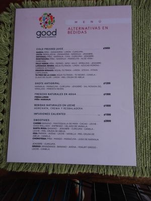 menu at Good Cocina Alternativa in Liberia