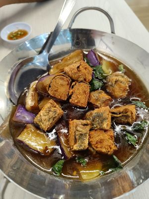 Brinjal, fish and basil leaves 😋 at Home Vege Restaurant in Masai