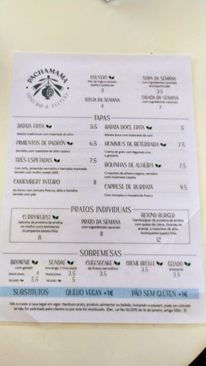 Menú at Pachamama Tapas Bar & Cultura in Pedrogao Grande