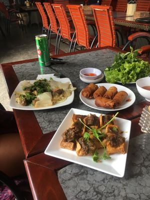 Mix veg noodles, spring rolls and lemongrass and chilli tofu  at Tu Hanh in Da Lat