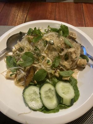 Larb noodles  at Veggie's in Vang Vieng