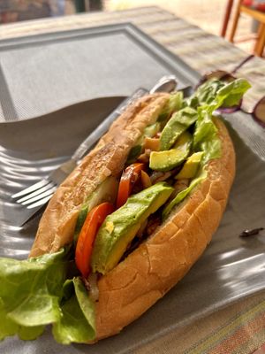 Mushroom sandwich with avo   at Veggie's in Vang Vieng