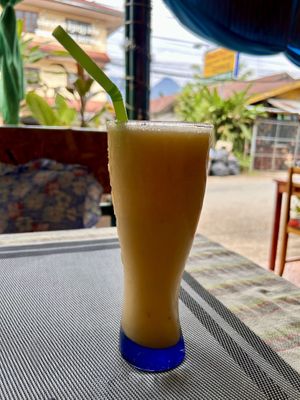 Pine, mango and orange smoothie   at Veggie's in Vang Vieng