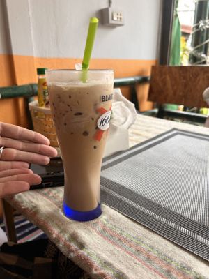 Iced coffee with coconut milk - just remember to specify no cows’ milkk  at Veggie's in Vang Vieng