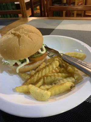 Burger  at Veggie's in Vang Vieng