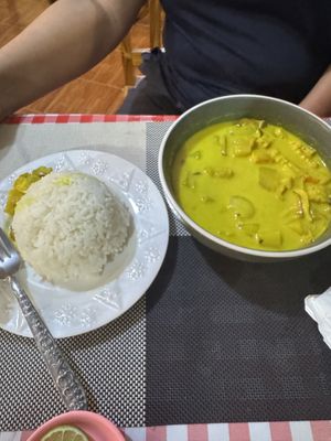 Soy and Mushroom Curry with Ricee  at Veggie's in Vang Vieng