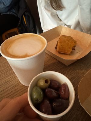 olives and cafe latte  at Wilhelmina in Leamington Spa