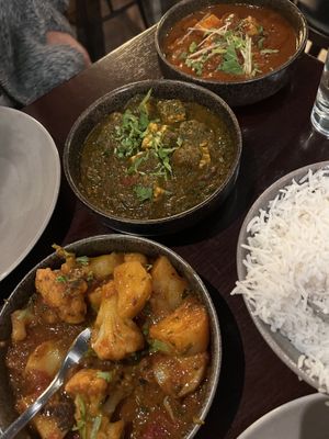 From left to right 1) Aloo Gobi 2 & 3) the tofu dishes   at Leela Indian Restaurant  in Bergen