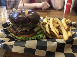 Beyond burger with pretzel bun  at The Burger Spot in Plymouth