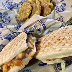Tostones (served with vegan dipping sauce), Po’Boy #Veganuary at Habana Outpost in New Orleans