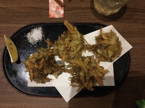 Mozuku seaweed tempura (Okinawan dish)  at Hokusai in Fukuoka