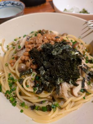 Mushroom and natto spaghetti - the bomb at Hokusai in Fukuoka
