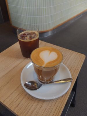 Iced coffee and oat milk latte at Allpress Espresso Tokyo Roastery & Cafe in Tokyo