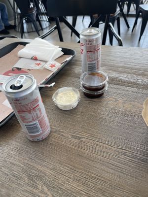 Drinks and vegan mayo and barbecue   at Goody's Burger House in Evinochori