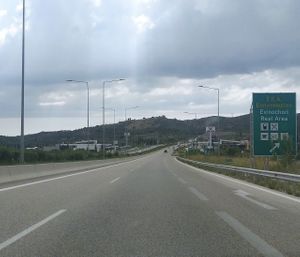 The exit in the highway to go to Goody’s  at Goody's Burger House in Evinochori