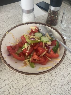 Greek Salad minus the feta but with added vegan cheese   at Patio Dining in Vasiliki