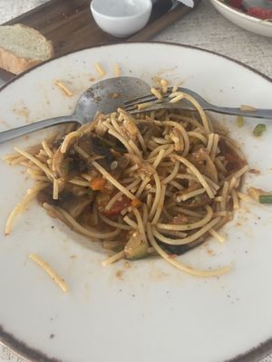 Vegan pasta made with gluten free pasta & roasted vegetables   at Patio Dining in Vasiliki