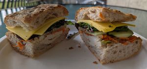 tofu, vegan cheese, carrots, cucumbers, and romaine on ciabatta at Heath's Natural Foods in New Smyrna Beach