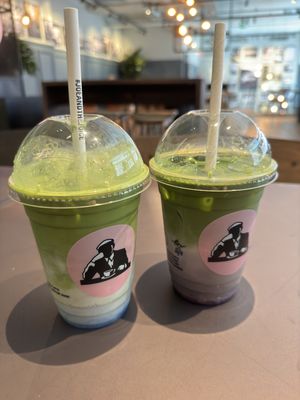 oat lavender & blueberry matcha lattes  at Joe & The Juice in Helsinki