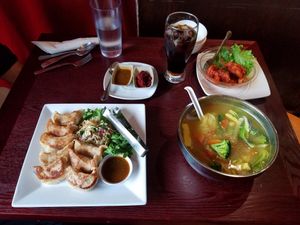 Tsel Thukpa (soup) and Shogo Moltak (dumplings) with chili on the side for individual spicing at Tibetan Kitchen in New Haven