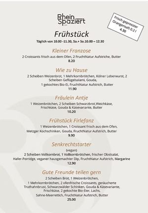 Breakfast menu at RheinSpaziert in Cologne