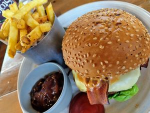 Vegan junk burger 🍔🍟 at Perch on Worthing Pier in Worthing