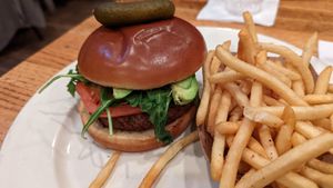 Vegan Burger

Black beans (contains soy), chickpeas, mixed peppers, rice, oats, arugula, avocado, tomato, vegan chipotle mayo, on a brioche bun served with your choice of side at Busboys and Poets - Shirlington in Arlington